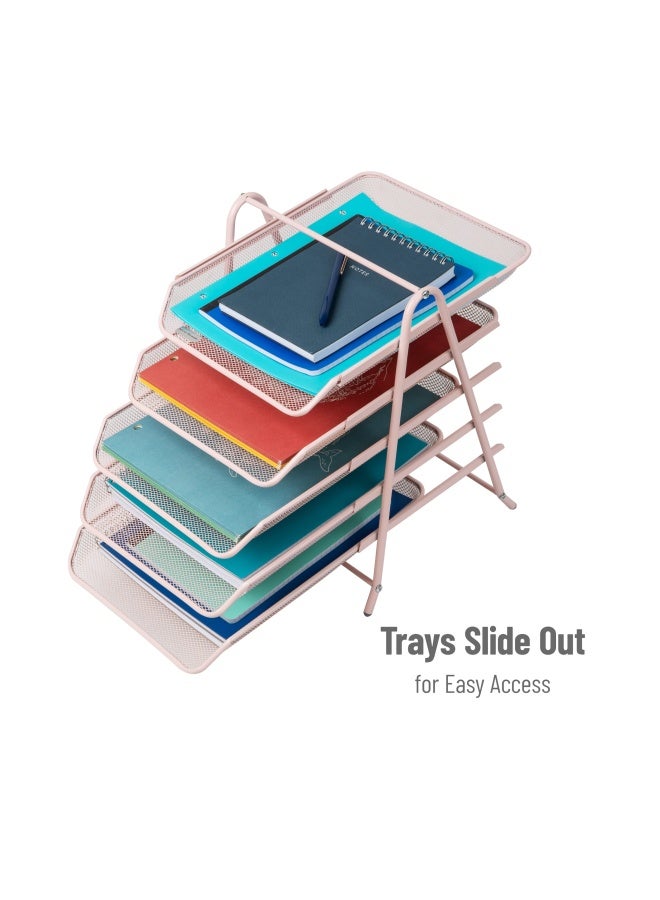 Mind Reader 5-Tier Paper Tray Organizer, Vertical Desktop File Storage Rack, Office, Metal Mesh, Pink - Image 4