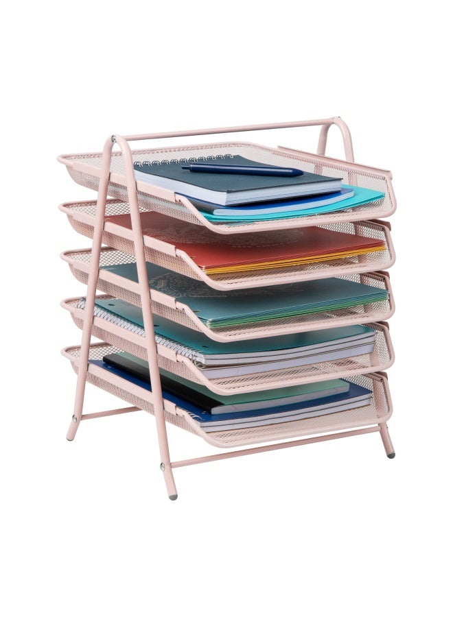 Mind Reader 5-Tier Paper Tray Organizer, Vertical Desktop File Storage Rack, Office, Metal Mesh, Pink - Image 1