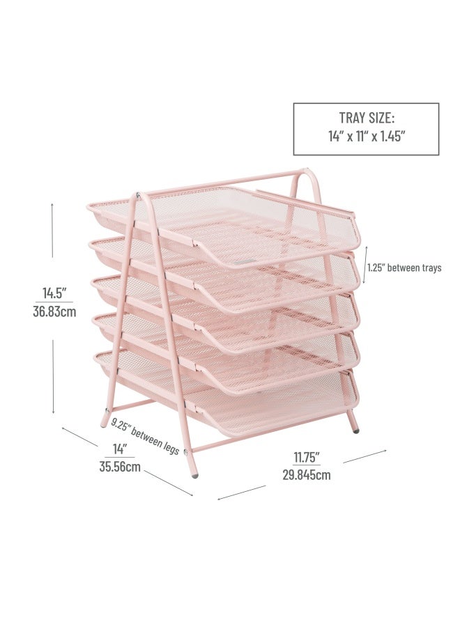 Mind Reader 5-Tier Paper Tray Organizer, Vertical Desktop File Storage Rack, Office, Metal Mesh, Pink - Image 3