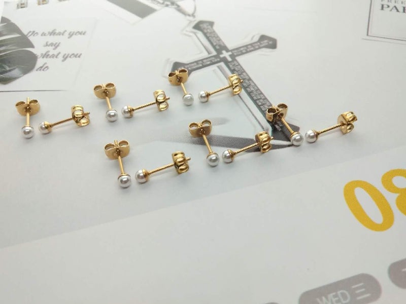 showself 12Pcs 3MM Tiny Pearl Stud Earrings, 20G Hypoallergenic Surgical Steel Small Gold Cartilage Helix Piercing Jewelry, Micro Stacked Ear Studs, Mini White Ball Post Earrings Set for Multiple Hole Piercing - Image 4