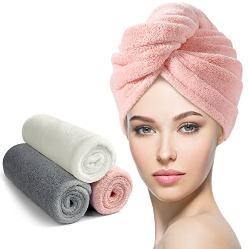 YFONG 3 Pack Hair Towel Wrap for Women with Button, Super Absorbent Microfiber Hair Towel for Wet Long Short Curly Hair, Soft Fast Drying Hair Turban Towel Anti Frizz（Pink,White, Gray） - Image 1