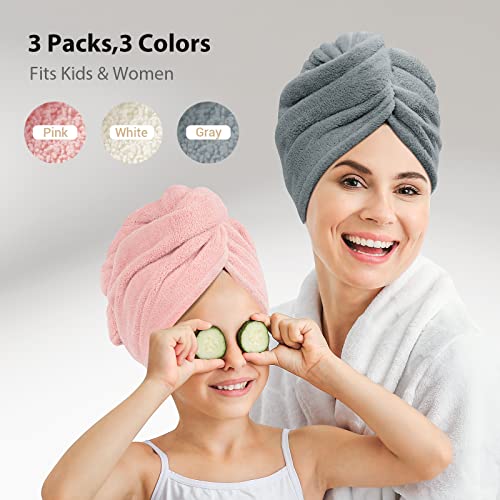 YFONG 3 Pack Hair Towel Wrap for Women with Button, Super Absorbent Microfiber Hair Towel for Wet Long Short Curly Hair, Soft Fast Drying Hair Turban Towel Anti Frizz（Pink,White, Gray） - Image 5