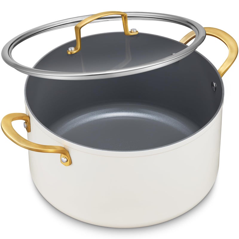BEZIA 10 Quart Cooking Pot with Ceramic Coating, Non-Stick Stock Pot with Tempered Glass Lid, Large Soup Pot with Stainless Steel Handle, Induction Compatible Stockpot, Dishwasher Safe, Cream - Image 1
