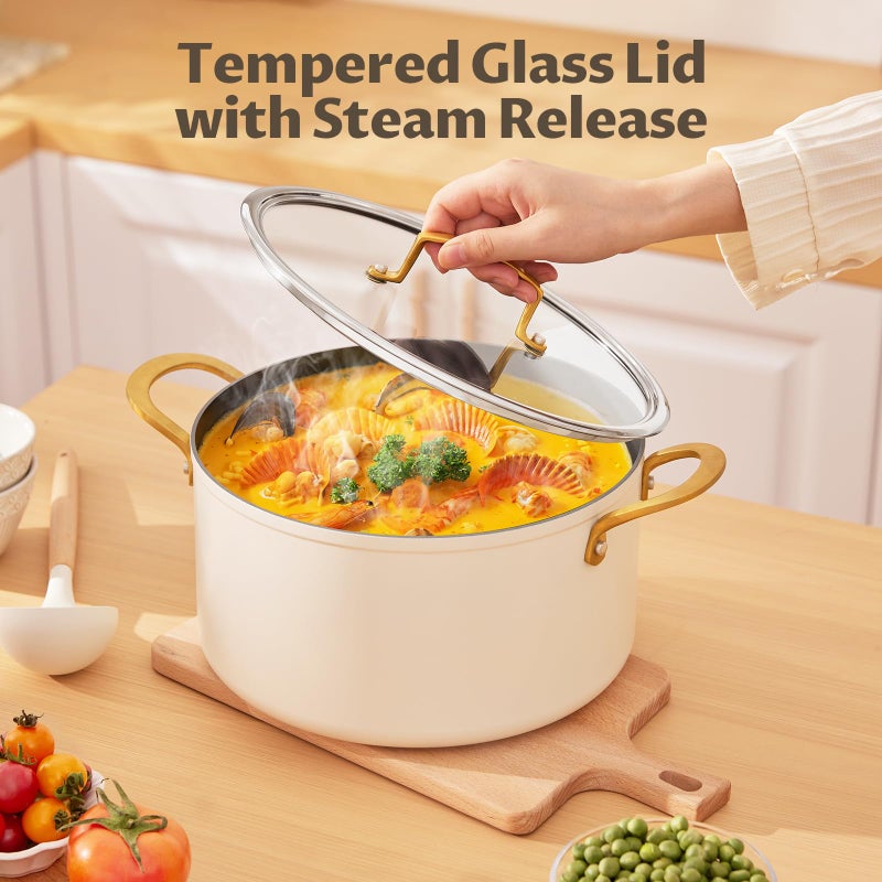 BEZIA 10 Quart Cooking Pot with Ceramic Coating, Non-Stick Stock Pot with Tempered Glass Lid, Large Soup Pot with Stainless Steel Handle, Induction Compatible Stockpot, Dishwasher Safe, Cream - Image 4