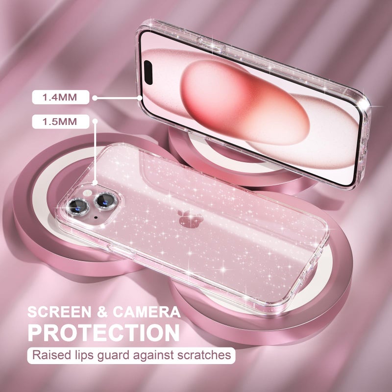 Choiche Compatible for iPhone 15 Case Women Phone Case, Cute Bling Sparkly, Military Grade Drop Protection, 2 Diamond Camera Lens Covers, 2 Tempered Glass Protectors, 6.1 inch (Glitter Clear) - Image 5