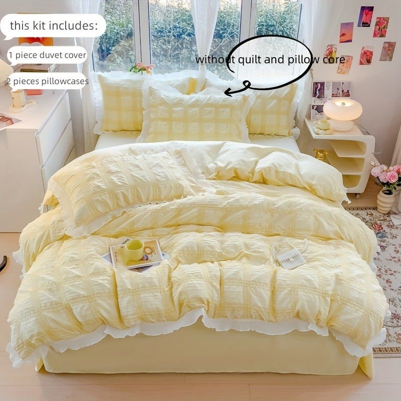 Princess Lace Bedding Set 3pcs Plaid Quilt Cover and Pillowcase - Image 1