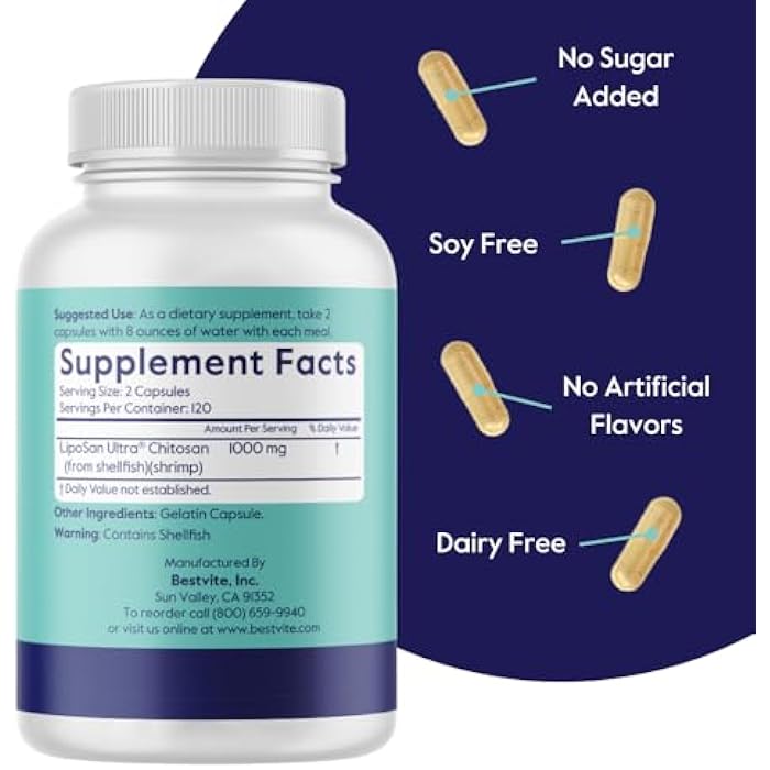 BESTVITE Liposan Ultra Chitosan 500mg (240 Capsules) - Patented Faster Acting Than Regular Chitosan - No Stearates - No Fillers - Image 3