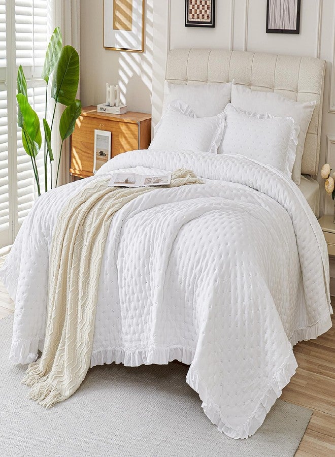 Cmfshape Bedding Set-3 Pieces Ultrasonic Quilt Sets with Ruffled Edges for an Elegant Bedroom Decor Suitable All Season,White(King 106"x96") - Image 1
