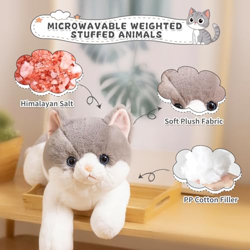 SNOWOLF Microwavable Weighted Stuffed Animals Cat Heating Pad Plushies Grey Cat Heated Plush Toy with Himalayan Salt for Warmth Comfort Cute Soft Kitten Doll Gift for Boys Girls Women 15 LBs - Image 5