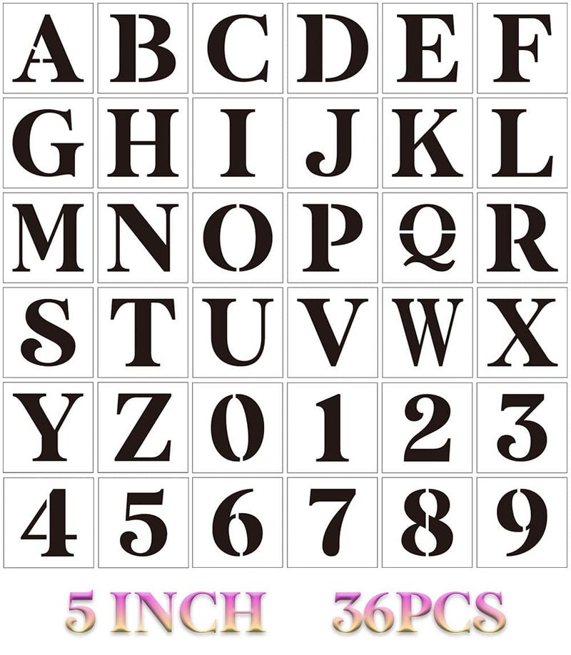 Dequera 5 inch Letter Stencils for Painting On Wood36pcs Stencils Letter Alphabet Number Stencil Templates for Wood Wall Signs Door Porch Fabric