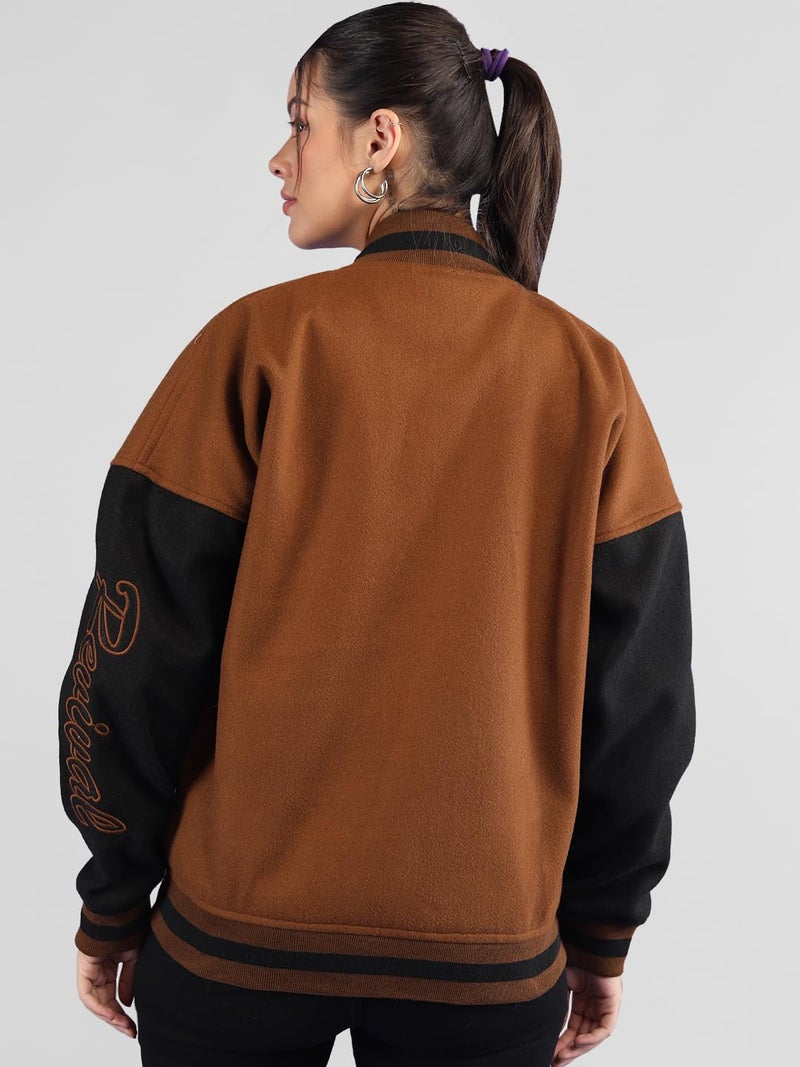CHKOKKO Women’s Oversized Varsity Jacket with Patch Detail and Snap Button Closure Trendy Comfortable Outerwear for College Travel and Casual Use GoldenBrown 3XL - Image 3
