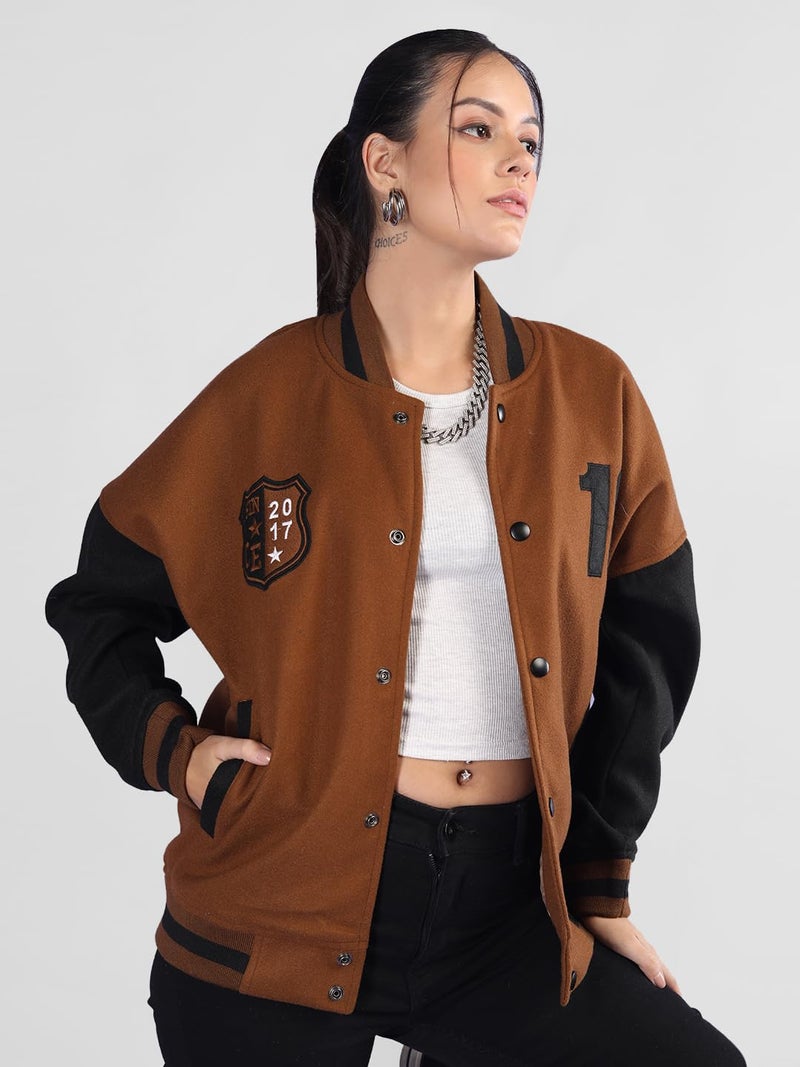 CHKOKKO Women’s Oversized Varsity Jacket with Patch Detail and Snap Button Closure Trendy Comfortable Outerwear for College Travel and Casual Use GoldenBrown 3XL - Image 5
