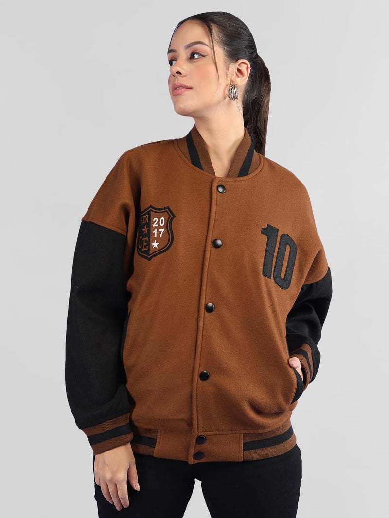 CHKOKKO Women’s Oversized Varsity Jacket with Patch Detail and Snap Button Closure Trendy Comfortable Outerwear for College Travel and Casual Use GoldenBrown 3XL - Image 4