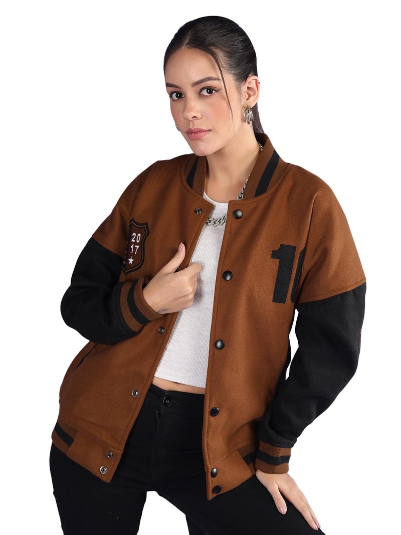 CHKOKKO Women’s Oversized Varsity Jacket with Patch Detail and Snap Button Closure Trendy Comfortable Outerwear for College Travel and Casual Use GoldenBrown 3XL - Image 2