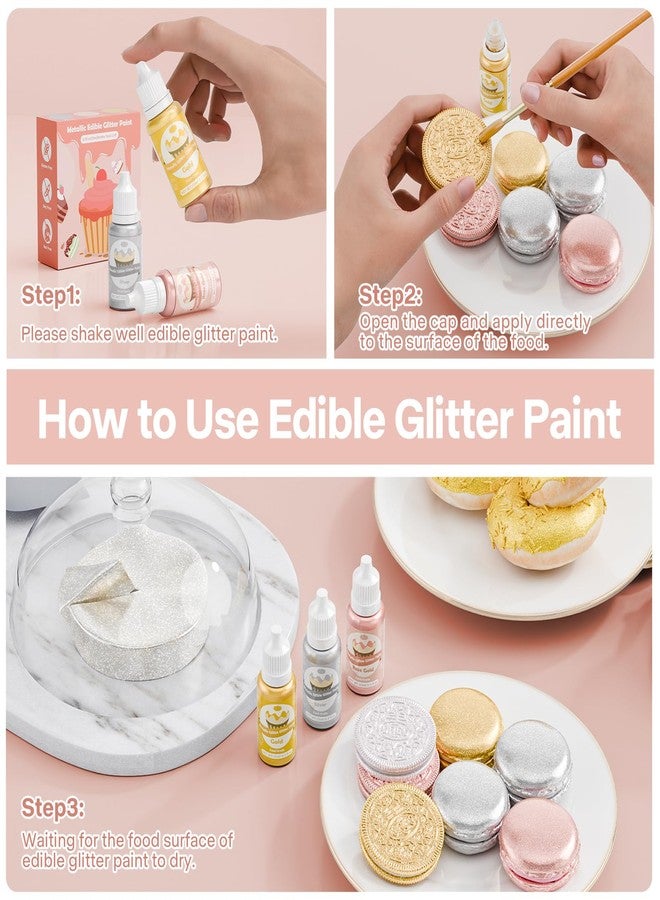 Cherrysea Edible Glitter Paint - 3 Colors Glitter Decorative Cake Paint Metallic Glitter, Food Grade Paint Edible Paint for Cake Decorating, Baking, Candy, Cookie, Chocolate -0.5 fl.oz(15ml)/Bottle (Gold, 3 color) - Image 4