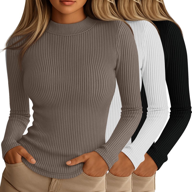 Riyiper 3 Pack Women's Ribbed Shirts, Mock Turtleneck Long Sleeve Tops Slim Fitted Undershirts Casual Basic Layering Tees(Black, White, Coffee,XX-Large) - Image 1
