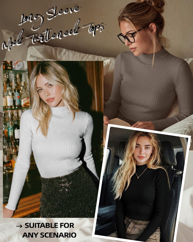 Riyiper 3 Pack Women's Ribbed Shirts, Mock Turtleneck Long Sleeve Tops Slim Fitted Undershirts Casual Basic Layering Tees(Black, White, Coffee,XX-Large) - Image 4