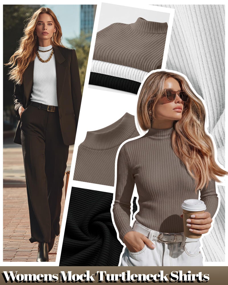 Riyiper 3 Pack Women's Ribbed Shirts, Mock Turtleneck Long Sleeve Tops Slim Fitted Undershirts Casual Basic Layering Tees(Black, White, Coffee,XX-Large) - Image 5
