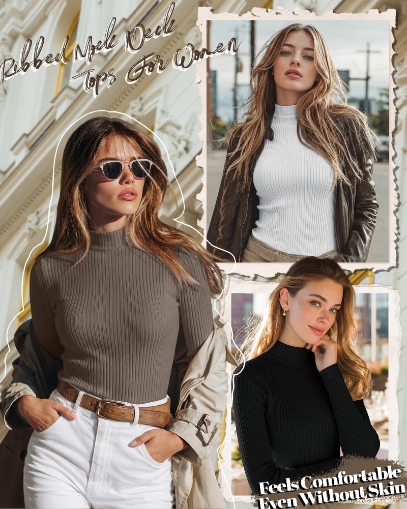 Riyiper 3 Pack Women's Ribbed Shirts, Mock Turtleneck Long Sleeve Tops Slim Fitted Undershirts Casual Basic Layering Tees(Black, White, Coffee,XX-Large) - Image 3