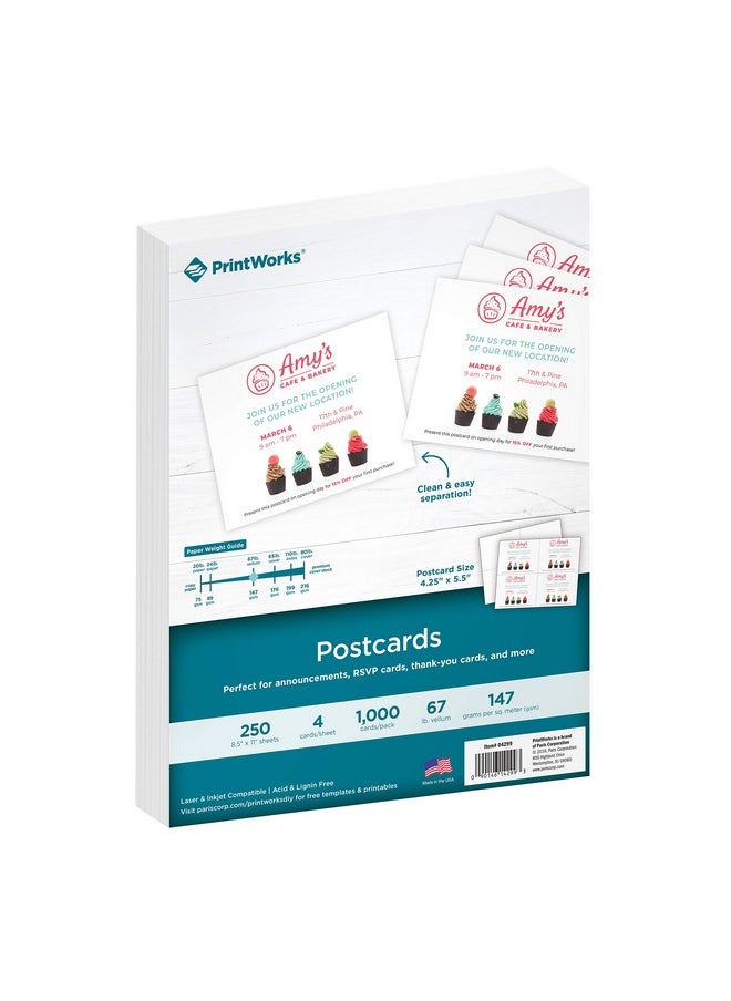 PrintWorks Heavyweight Printable Postcards For Mailings Flashcards And More 67Lb/147Gsm 4 Cards Per Sheet 250 Sheets 1000 Cards Total White (04299) (4.25 X 5.5 Inches Postcard Size)  - Image 1