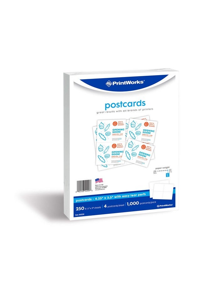 PrintWorks Heavyweight Printable Postcards For Mailings Flashcards And More 67Lb/147Gsm 4 Cards Per Sheet 250 Sheets 1000 Cards Total White (04299) (4.25 X 5.5 Inches Postcard Size)  - Image 2
