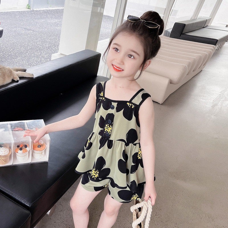 Children's New Sweet Summer Girls' 2025 Stylish Suspender Casual Suit for Baby Girls, Thin Summer Outfit, Versatile and Trendy - Image 1