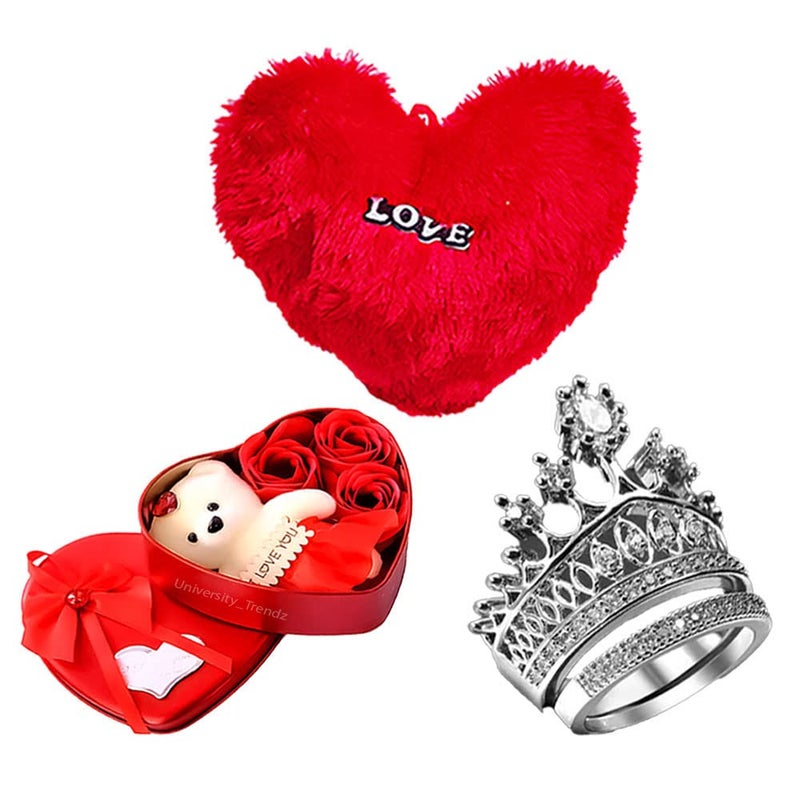 University Trendz University Trendz Romantic Gift Combo of Silver Crown Ring with Love Heart Cushion Cute Teddy Pack of 3 
