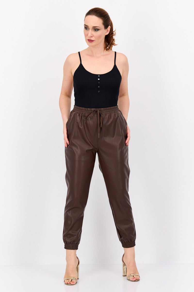 DEX Women High Rise Solid Drawstring Jogger Pants, Brown - Image 3