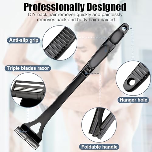 Dexspoeny Back Shaver for Men & Women(DIY), Body Hair Trimmer with Foldable Extra Long Ergonomic Handle, Wet Dry Shaving & Safety Razor Technology with 8 Pcs Ultra Sharp Replaceable Blades - Image 3