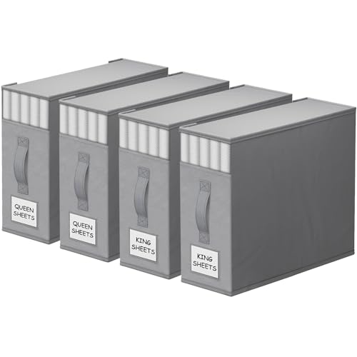 StorageTastic 4 Pack Bed Sheet Closet Organizers and Storage,Sturdy Foldable Storage Containers with Window and Label,Storage and Organization for Bedding Sheets,Duvet Covers,Blankets (Grey) - Image 1