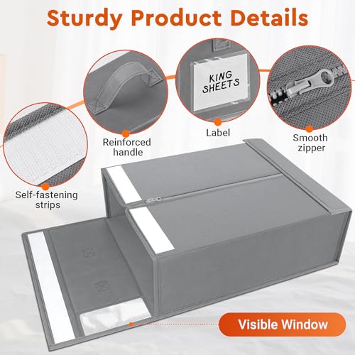 StorageTastic 4 Pack Bed Sheet Closet Organizers and Storage,Sturdy Foldable Storage Containers with Window and Label,Storage and Organization for Bedding Sheets,Duvet Covers,Blankets (Grey) - Image 5
