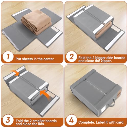 StorageTastic 4 Pack Bed Sheet Closet Organizers and Storage,Sturdy Foldable Storage Containers with Window and Label,Storage and Organization for Bedding Sheets,Duvet Covers,Blankets (Grey) - Image 4