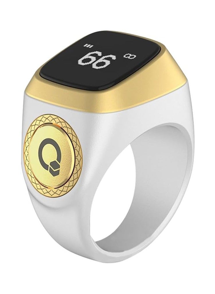 iQIBLA Smart Tasbih Zikr Ring, Muslim 5 Daily Prayer times Notifications reminder with OLED display, Tasbih Counter that links for iQibla app, Waterproof, Size 22mm - White/Gold