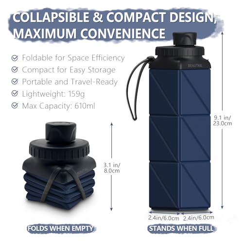 BEAUTAIL Collapsible Water Bottles, Silicone Foldable Water Bottle 610ml, BPA-Free Portable Reusable Leakproof Bottle for Gym Travel Camping Hiking Sports Outdoor, 1 Pack (Dark Blue) - Image 2