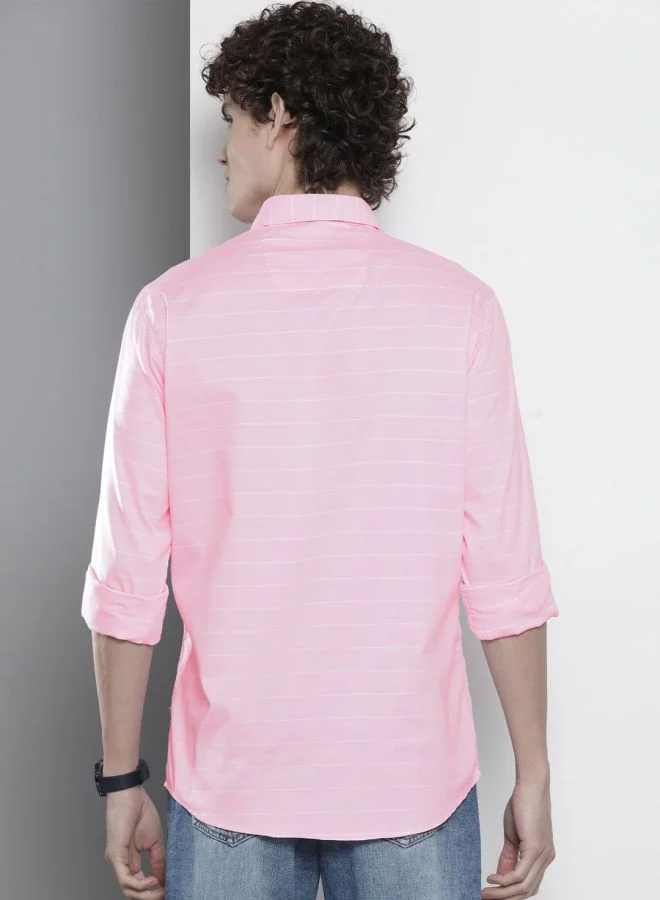 شركة المرآب الهندية قميص رجالي بقصة ضيقة مخططة بأكمام كاملة وياقة قاطعة كاجوال