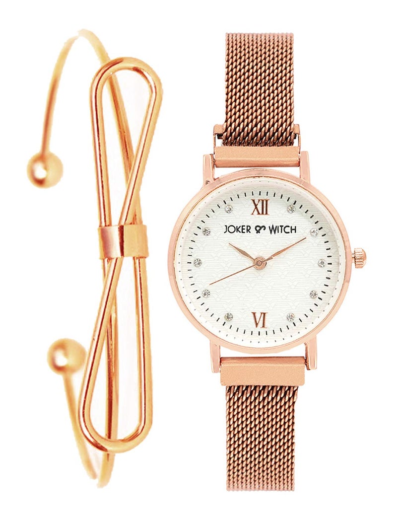 Joker & Witch Stainless Steel Dusk Rosegold Analog Watch Bracelet Set For Women, White Dial, Rose Gold Band - Image 1
