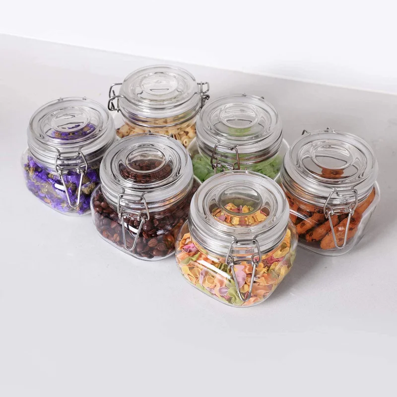 Casa Quesera Airtight Glass Canister Set of 6 with Lids 17oz Food Storage Jar Square - Storage Container with Clear Preserving Seal Wire Clip Fastening for Kitchen Canning Cereal,Pasta,Sugar,Beans,Spice