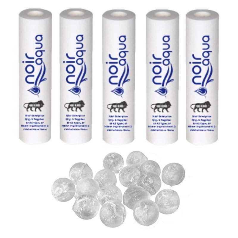 Noir Aqua 5pcs PP Spun Filter 25pcs Antiscalant Balls for All Types of RO Water purifiers 5 Piece 10 Inch 5 Micron RO Spun Filter Cartridge Sponge Replacement Water Filter Candle - Image 1