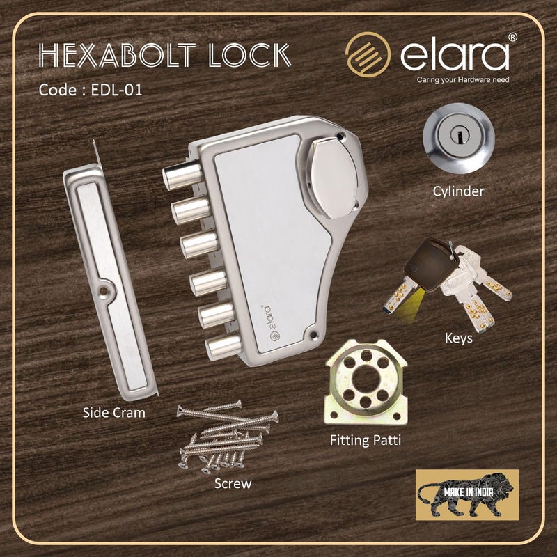 Elara قفل باب إلارا ديدبولت هيكسبولت 1CK قفل حافة قفل ديد بولت لأقفال الأبواب المنزلية للباب الرئيسي مع 4 مفاتيح نحاسية قابلة للعكس من الفولاذ المقاوم للصدأ EDL01 هيكسبولت ألترا كي - Image 4