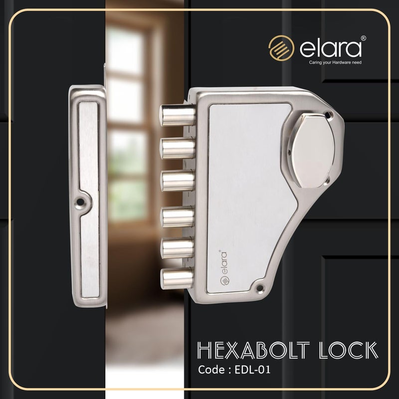 Elara قفل باب إلارا ديدبولت هيكسبولت 1CK قفل حافة قفل ديد بولت لأقفال الأبواب المنزلية للباب الرئيسي مع 4 مفاتيح نحاسية قابلة للعكس من الفولاذ المقاوم للصدأ EDL01 هيكسبولت ألترا كي - Image 3