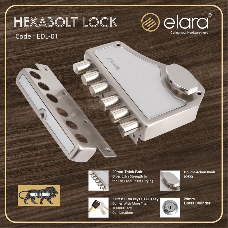 Elara قفل باب إلارا ديدبولت هيكسبولت 1CK قفل حافة قفل ديد بولت لأقفال الأبواب المنزلية للباب الرئيسي مع 4 مفاتيح نحاسية قابلة للعكس من الفولاذ المقاوم للصدأ EDL01 هيكسبولت ألترا كي - Image 5