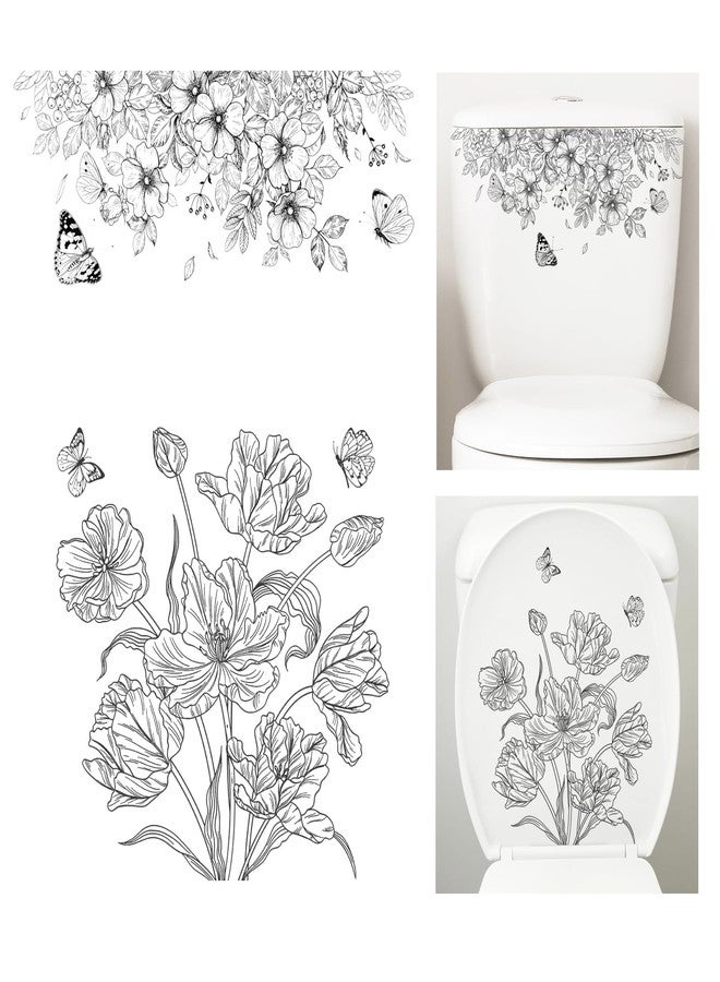 Fumwase 2 pcs Toilet Tank and Seat Stickers Set with Different Patterns Monochrome Floral Butterfly Toilet Stickers Decals Removable Waterproof Self-Adhesive Toilet Lid Decals for Bathroom Decor - Image 1