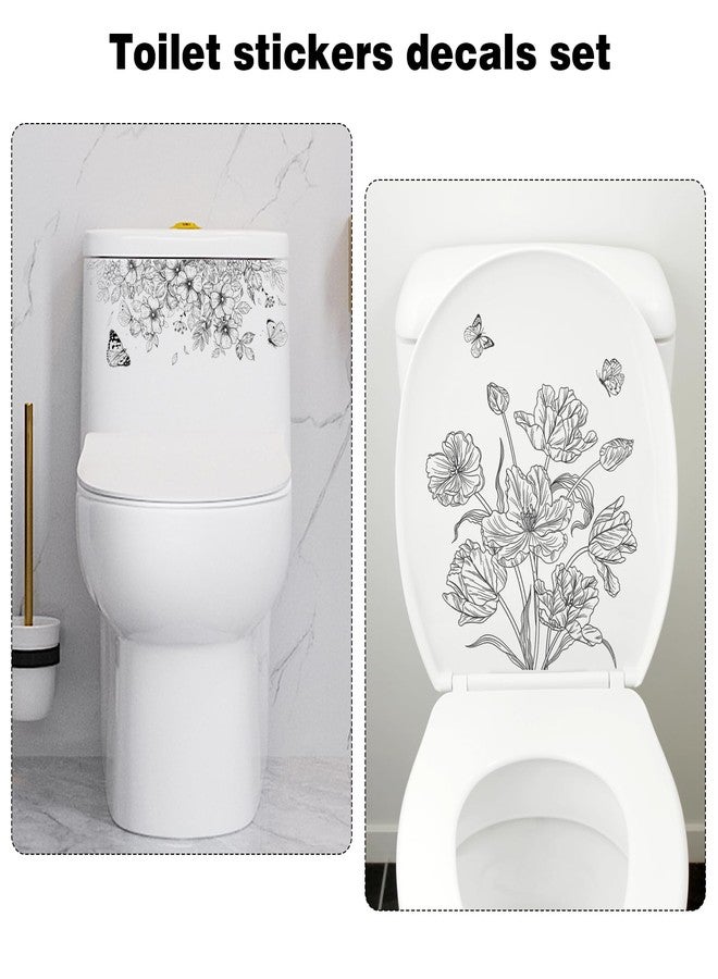 Fumwase 2 pcs Toilet Tank and Seat Stickers Set with Different Patterns Monochrome Floral Butterfly Toilet Stickers Decals Removable Waterproof Self-Adhesive Toilet Lid Decals for Bathroom Decor - Image 4