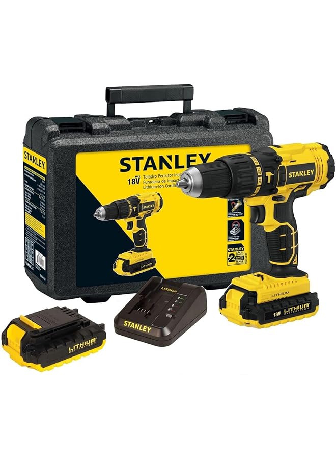 Stanley 18V Cordless Li Ion Hammer Drill With Kit Box For Wood And Concrete Drilling Yellow Black Sch20S2K B5 - Image 1