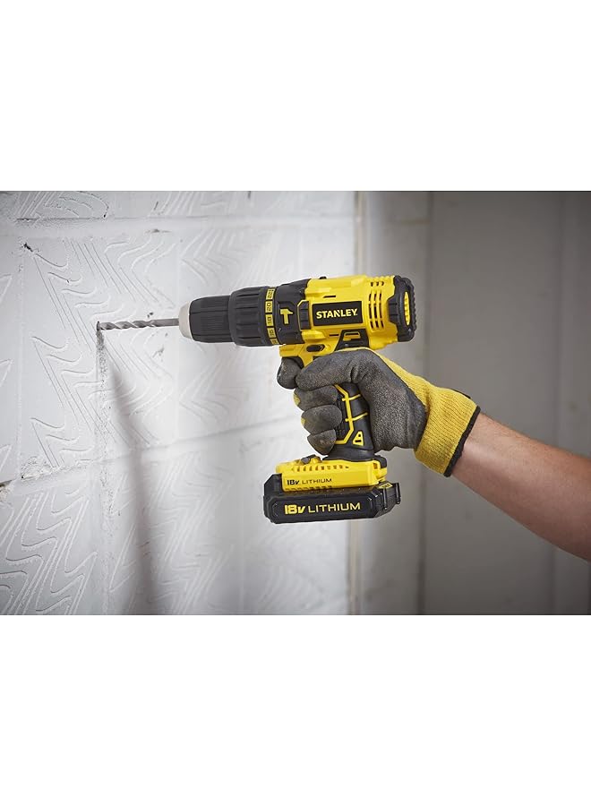 Stanley 18V Cordless Li Ion Hammer Drill With Kit Box For Wood And Concrete Drilling Yellow Black Sch20S2K B5 - Image 2