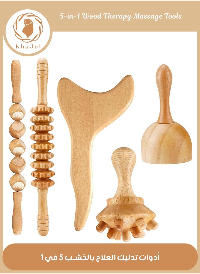KHAJUL 5-Piece Wood Therapy Massage Tools for Body Shaping, Professional Lymphatic Drainage Massager, Anti Cellulite Massage Roller Body Sculpting Tools Set (Wooden)  - Image 1