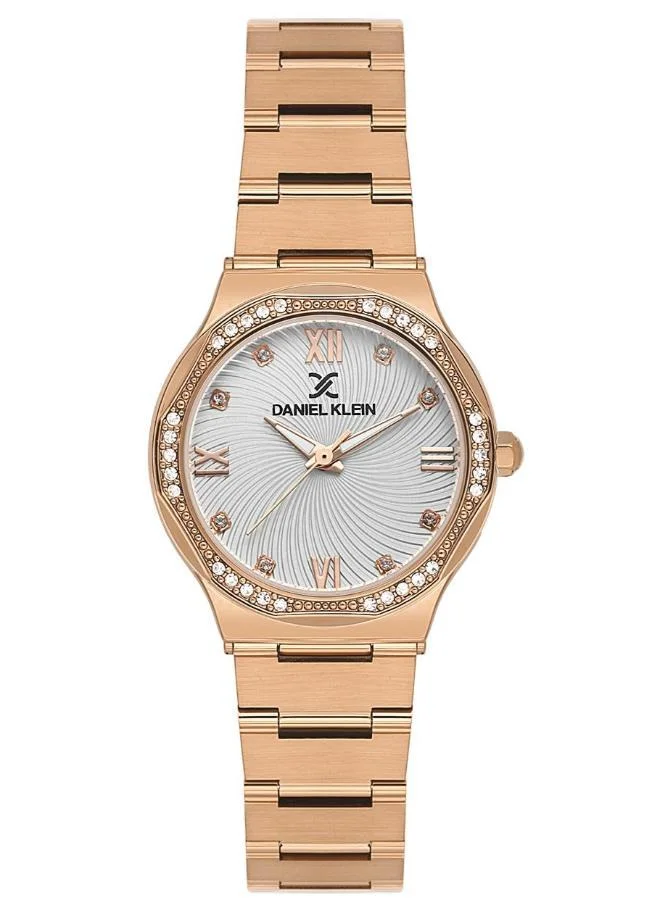 DANIEL KLEIN Women's Stainless Steel Rose Gold Alloy Case Analog Silver Round Emboss Dial Japanese Quartz Premium 30 Meters Water Resistant