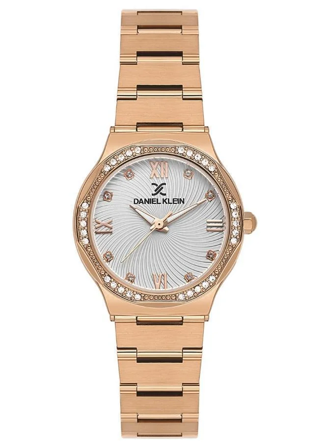 Daniel Klein Women's Stainless Steel Rose Gold Alloy Case Analog Silver Round Emboss Dial Japanese Quartz Premium 30 Meters Water Resistant