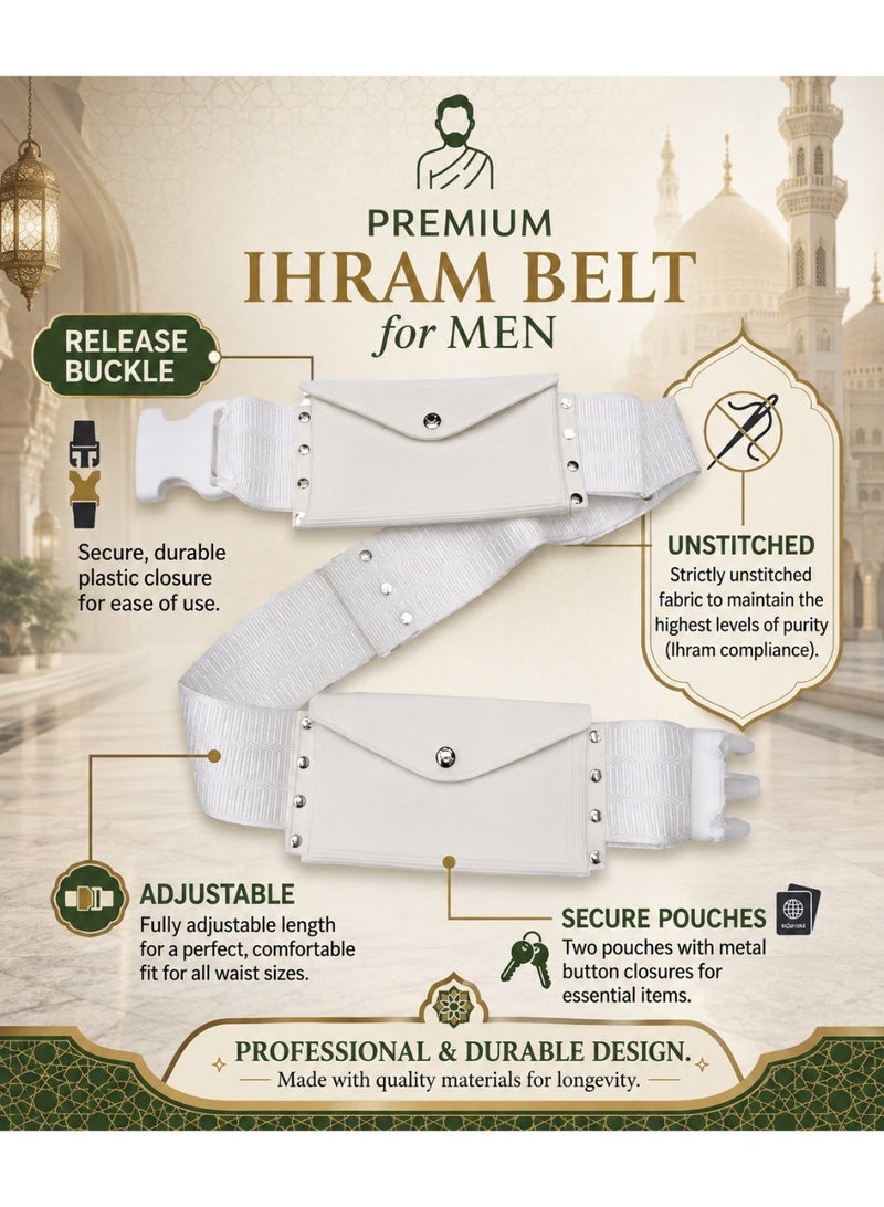 Fabienne Ihram Belt for Hajj and Umrah Dual Pockets Adjustable Snap Buttons Comfortable and Unstitched Ahram Belt White Waterproof According to Sunnah Regular & Plus Size - Image 2