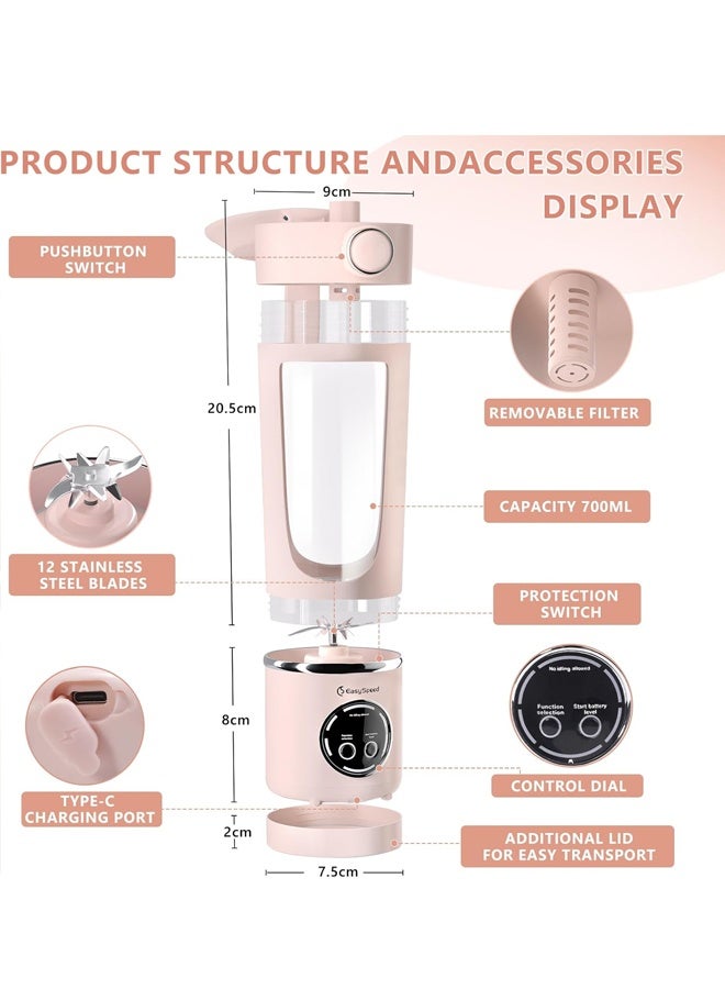 Poxvalzor Personal Portable Blender,USB Type-C Rechargeable,700ml Juicer Cup,4 Gear Modes,1500mAh Battery Capacity,Perfect for Fresh Juice at Home (Pink) - Image 2